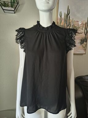 Express Black Lace-Sleeve Ruffle Neck Blouse
